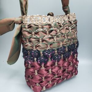 Toto Embellished with Victorian Beads Ribbon and Crystals Wine Brown Green 5 x 5